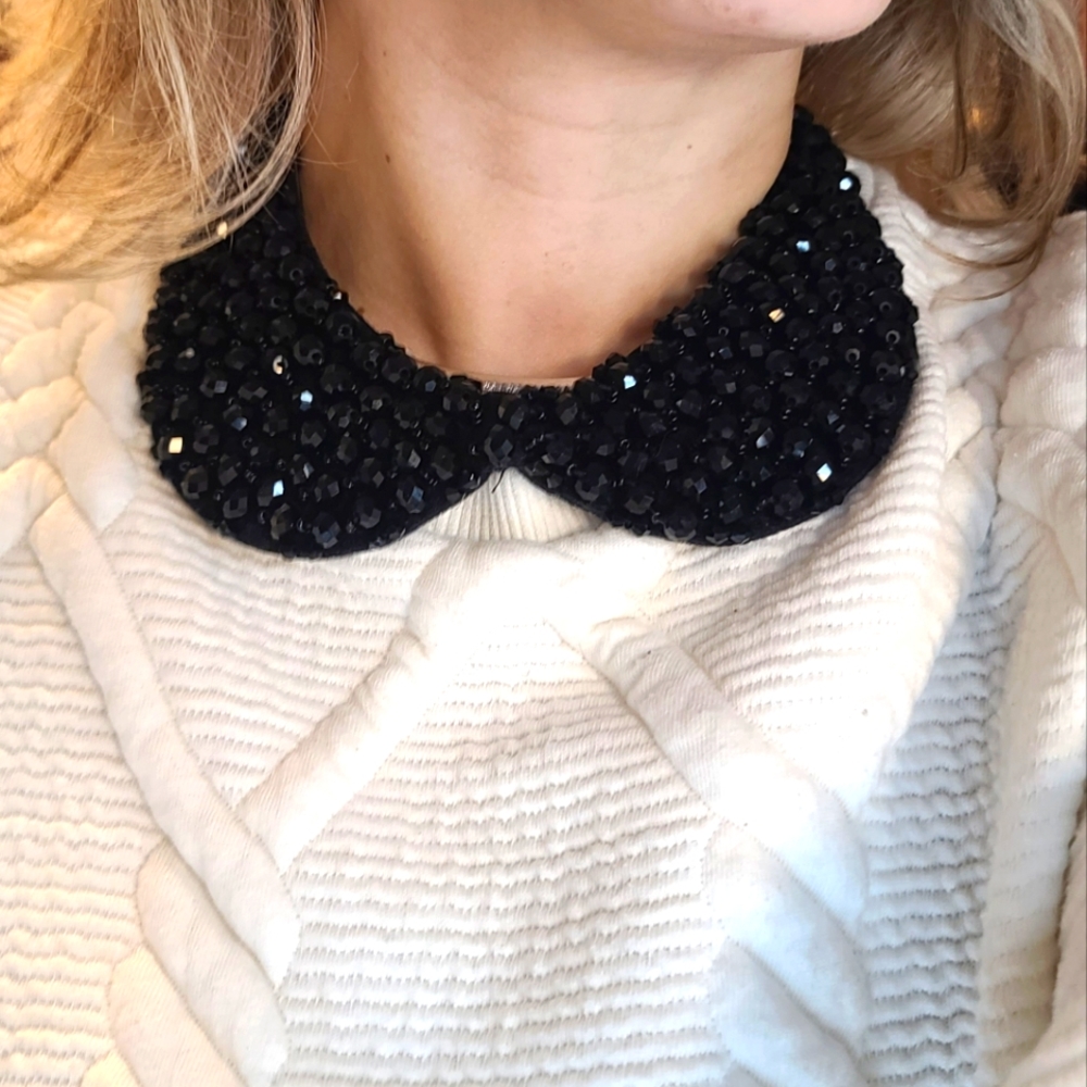 Black beaded collar bib necklace, hand embroidered